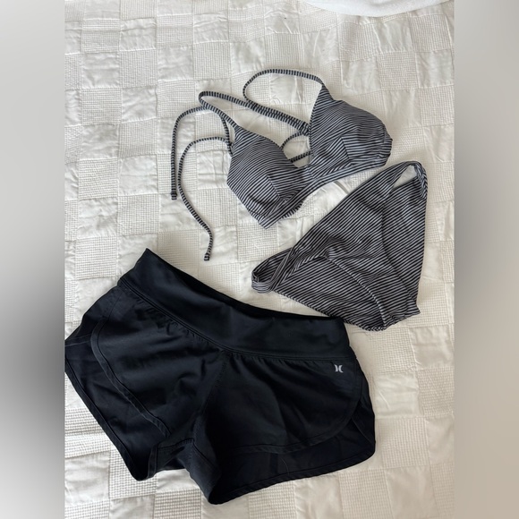 Hurley Black Shorts and Striped Bikini Set - Picture 1 of 4
